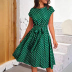 Damen Midikleid mit taillierendem Bindegürtel und verspieltem Polka-Dots Design R&B