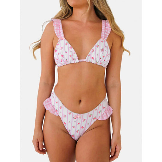 Damen Triangel-Bikini mit floralem Design und Rüschendetails R&B