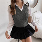 Damen Strickpullover mit V-Ausschnitt und Zopfmuster