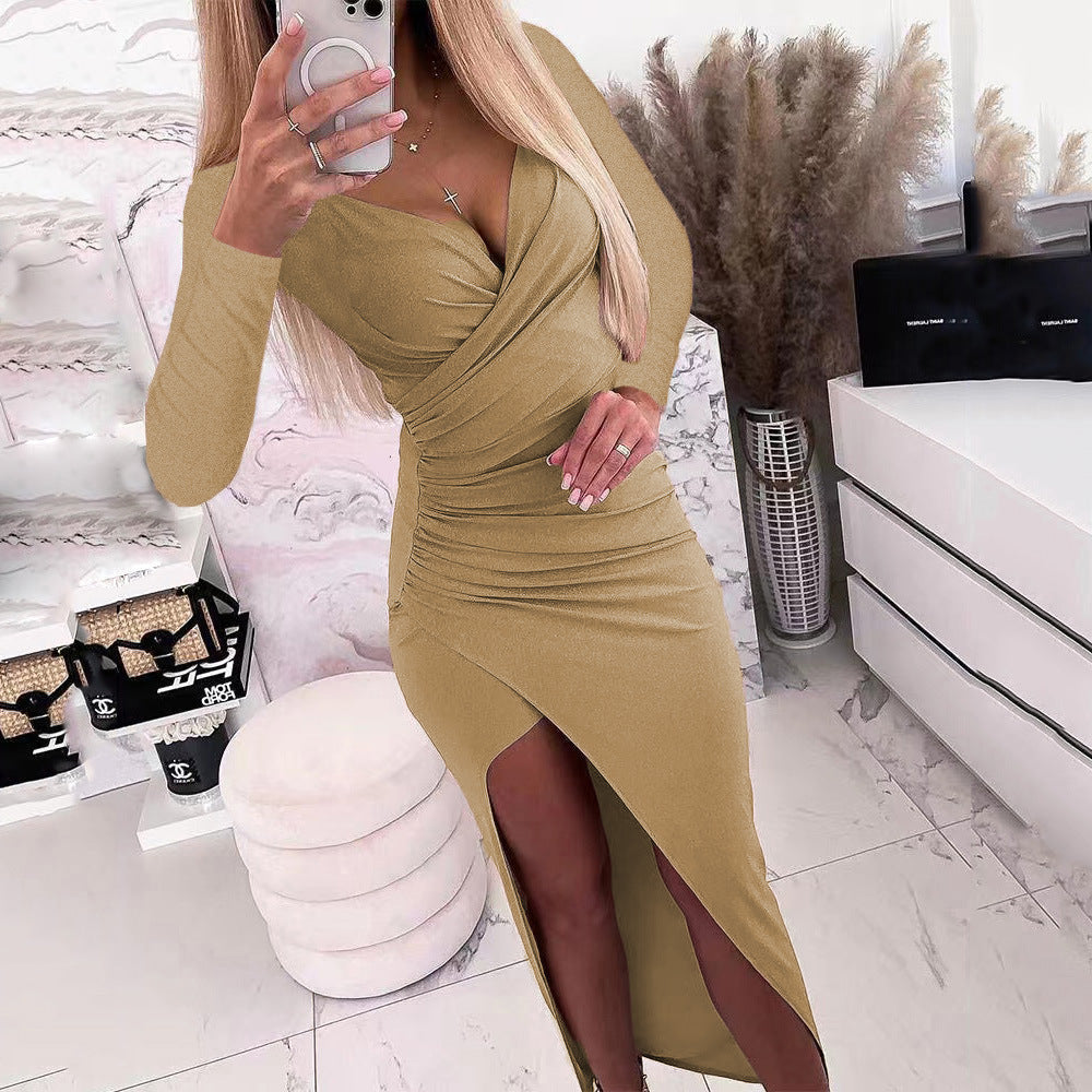 Damen elegantes Wickelkleid mit langen Ärmeln und Seitenschlitz R&B