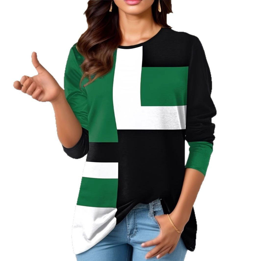 Damen nan geometrisches Colorblock Longsleeve-Tunika-Oberteil mit Rundhalsausschnitt und asymmetrischem Saum R&B