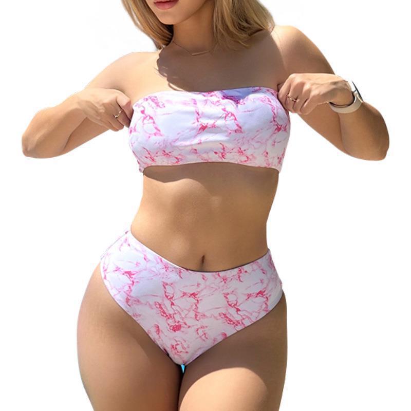 Damen Bandeau-Bikini-Set mit hohem Schnitt und stilvollem Marmormuster R&B