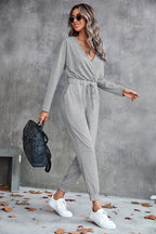 Damen Lässiger Langarm-Jumpsuit mit Wickeloberteil und elastischem Bund R&B