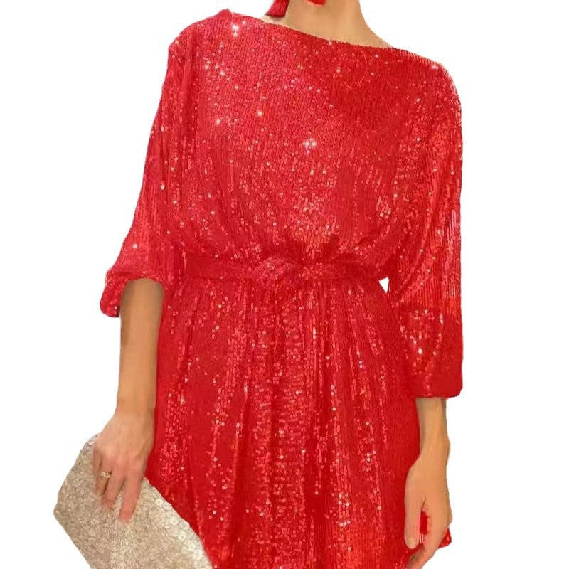 Damen Glitzerndes Minikleid mit langen Ärmeln und schimmerndem Oberstoff R&B