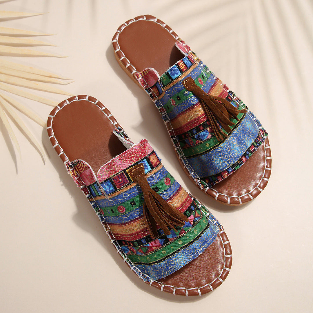 Damen Lifestyle Pantoletten mit verspieltem Tassel-Design und buntem Webmuster R&B