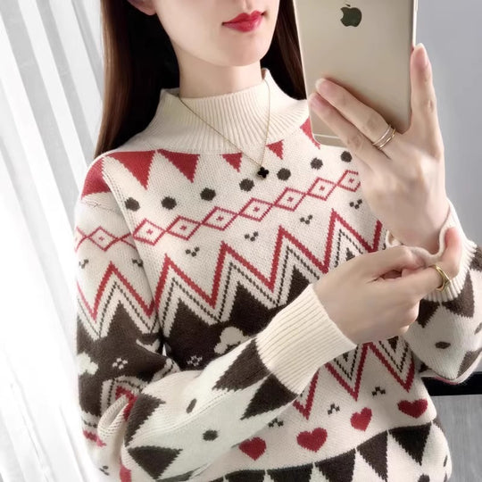 Damen festlicher Strickpullover im modernen Weihnachtsdesign mit geometrischem Muster und komfortablem Rundhalsausschnitt R&B