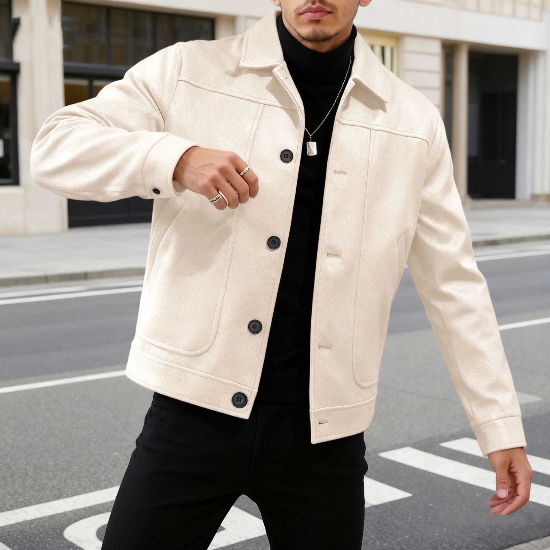 Herren nan moderner Trucker-Overshirt aus Velourslederimitat mit Ziernähten und aufgesetzten Taschen R&B