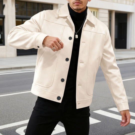 Herren nan moderner Trucker-Overshirt aus Velourslederimitat mit Ziernähten und aufgesetzten Taschen R&B