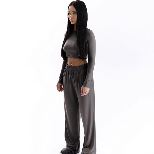 Damen Elegantes Zweiteiliges Set mit cropped Oberteil und weiten Hosen R&B