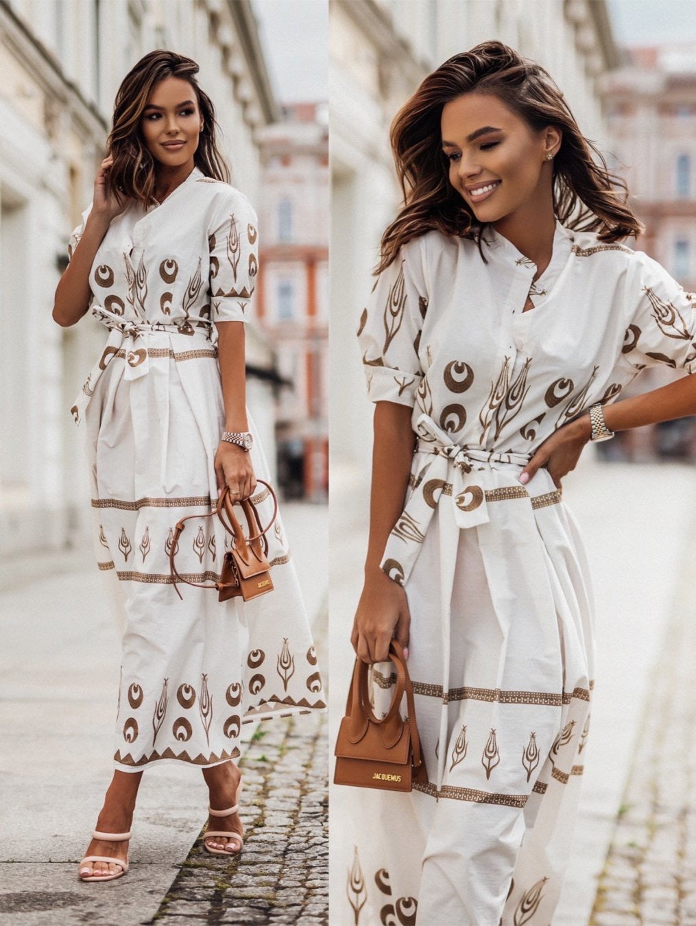 Damen Hemdblusenkleid mit elegantem Muster und tailliertem Gürtel R&B
