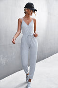 Damen legerer Jumpsuit mit tiefem V-Ausschnitt und verstellbarem Taillenzug R&B