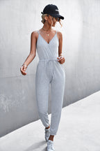 Damen legerer Jumpsuit mit tiefem V-Ausschnitt und verstellbarem Taillenzug R&B