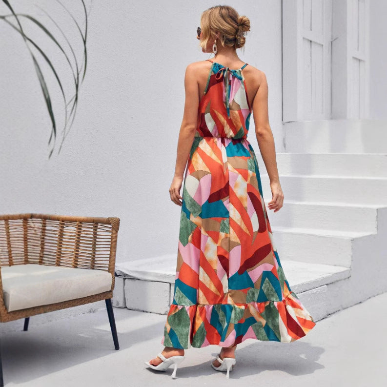 Damen Langes Maxikleid mit auffälligem geometrischem Muster und anpassbarem Träger R&B