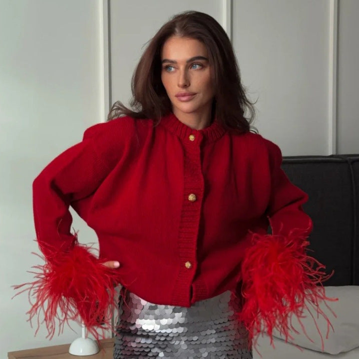 Damen lässige Strickjacke mit dekorativen Fransen und hochwertigen Knöpfen R&B