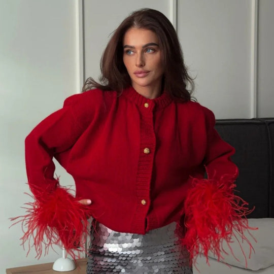 Damen lässige Strickjacke mit dekorativen Fransen und hochwertigen Knöpfen R&B