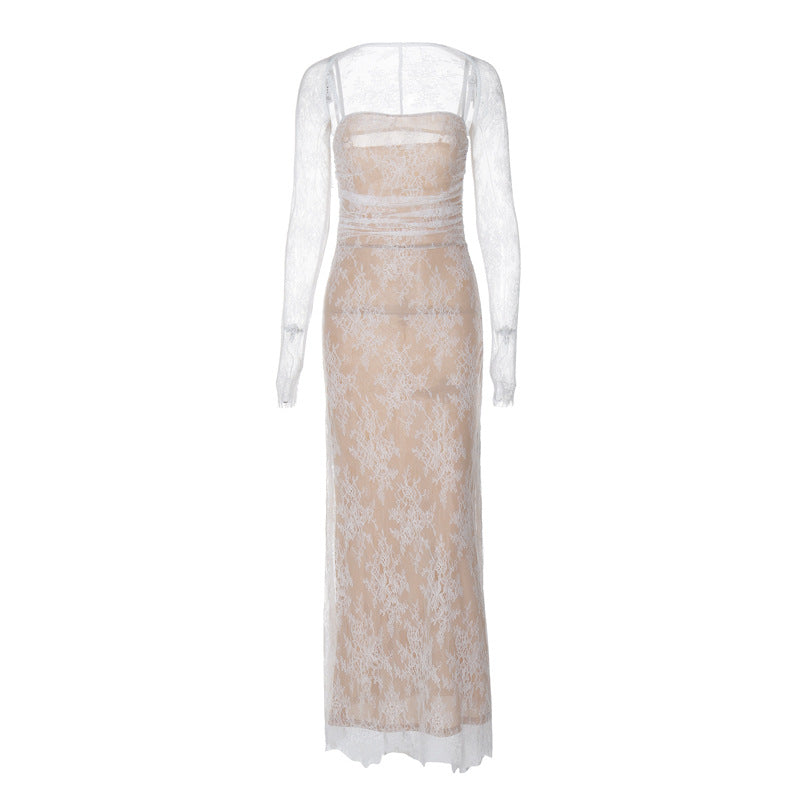 Damen Spitzennachtkleid mit transparenten Ärmeln und figurformendem Schnitt R&B