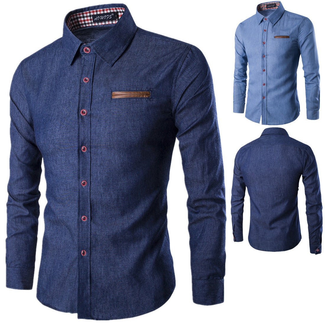 Herren Denim Langarmhemd mit kontrastierenden Knöpfen und Brusttasche R&B
