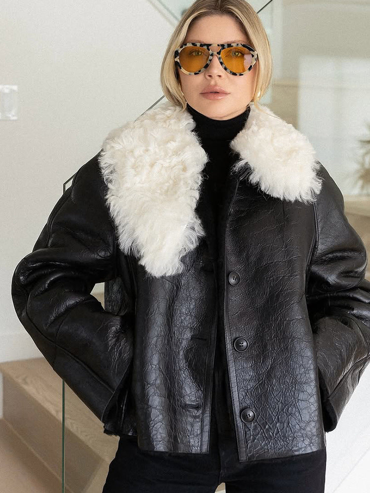 Damen luxuriöse Kunstlederjacke mit weichem Pelzkragen R&B