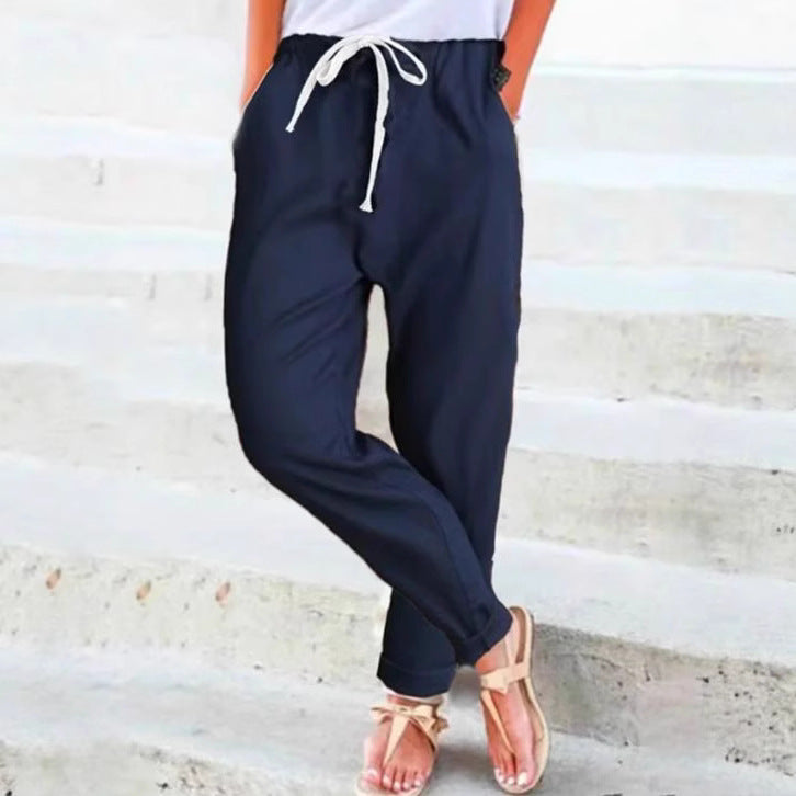 Damen nan leichte Leinenmix-Hose mit elastischem Bund, Kordelzug und konischer Knöchelpartie R&B