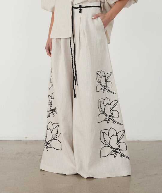 Damen Weit geschnittene Leinenhose mit floralen Stickereien R&B