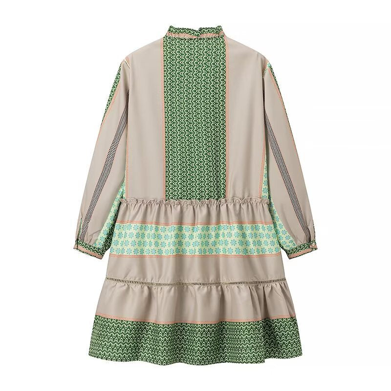 Damen Langarmhemdkleid mit elegantem Muster und Rüschensaum R&B