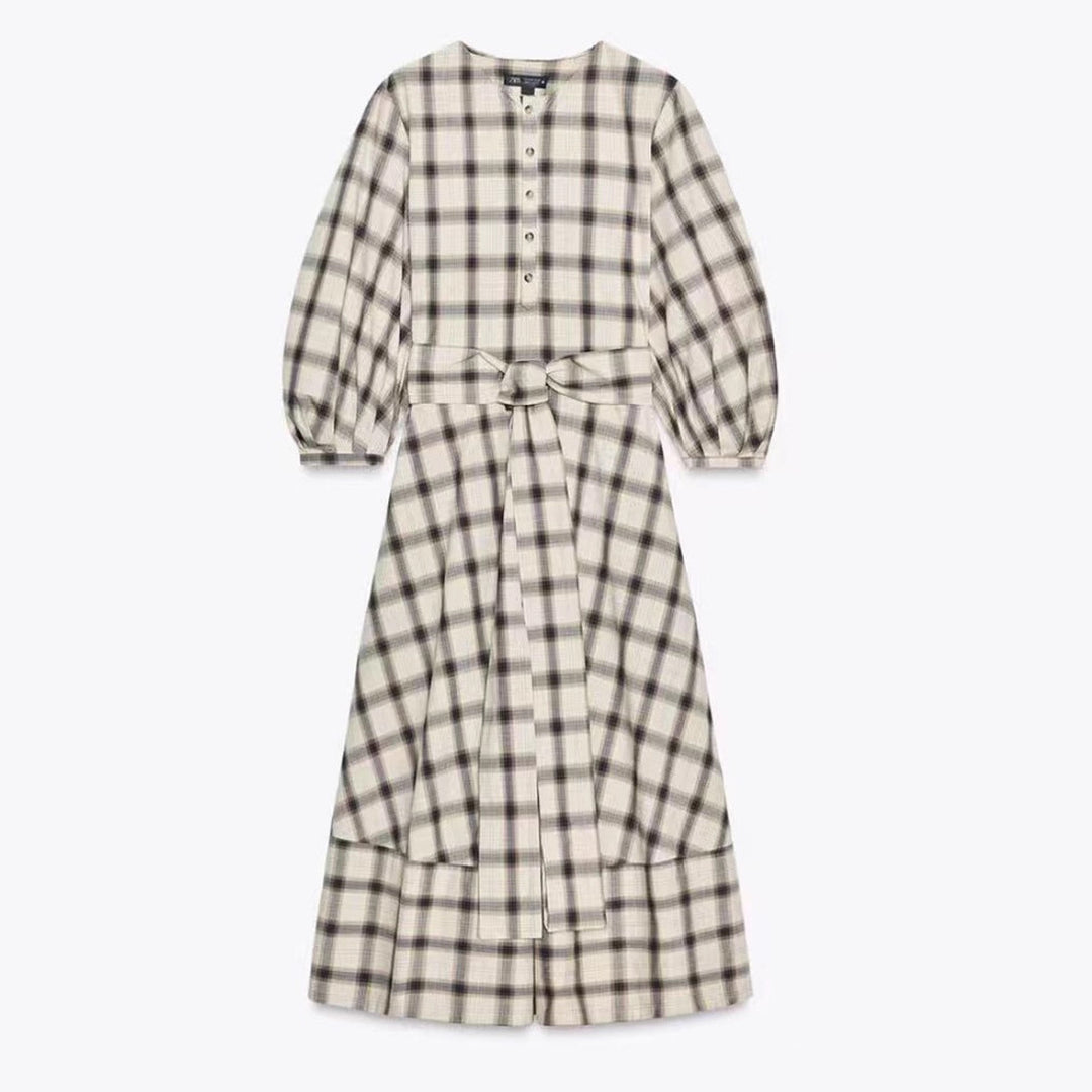 Damen nan kariertes Midikleid mit Ballonärmeln, Taillengürtel und Zierknopfleiste R&B