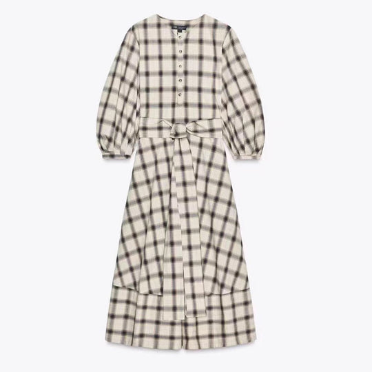 Damen nan kariertes Midikleid mit Ballonärmeln, Taillengürtel und Zierknopfleiste R&B