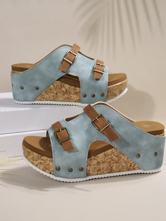 Damen bequeme Wedge-Pantoletten mit dekorativen Riemchen und korkgesunder Sohle R&B