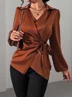 Damen Wickelbluse mit elegantem Taillengürtel und Puffärmeln R&B