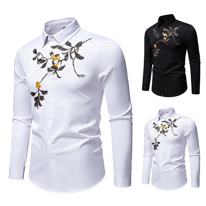 Herren elegantes Langarmhemd mit floraler Stickerei