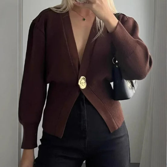Damen Eleganter und lässiger Cardigan mit tiefem Ausschnitt und Schmuckknopf R&B
