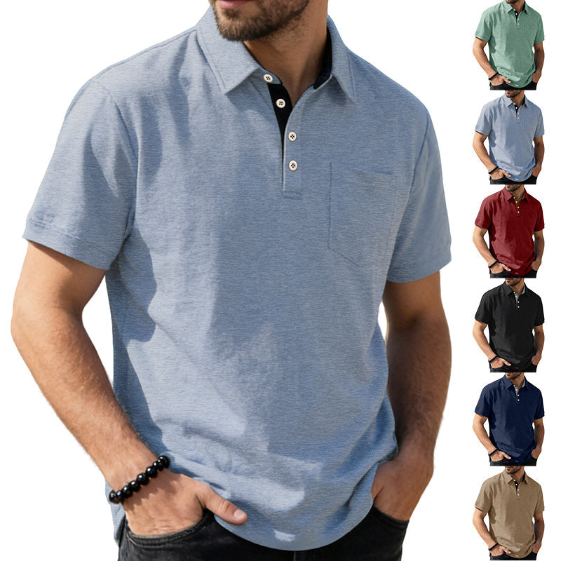 Herren nan Kurzarm-Polokragen-Shirt aus texturiertem Jersey mit Brusttasche und kontrastierter Knopfleiste R&B