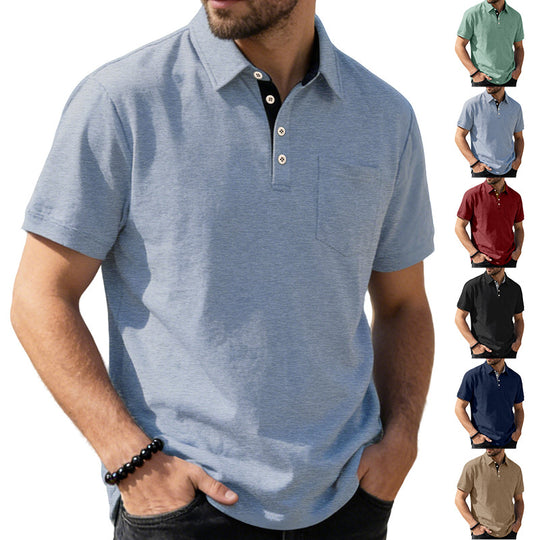 Herren nan Kurzarm-Polokragen-Shirt aus texturiertem Jersey mit Brusttasche und kontrastierter Knopfleiste R&B
