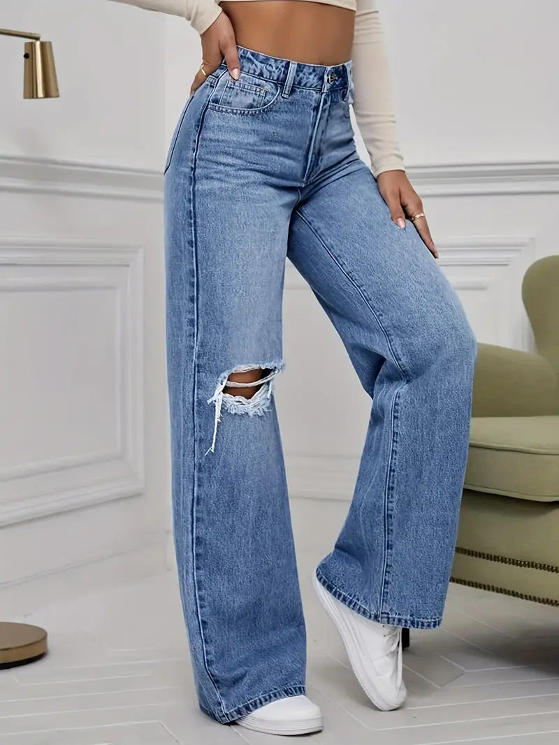 Damen Weite Jeans mit schicken Rissdetails und hohem Bund R&B