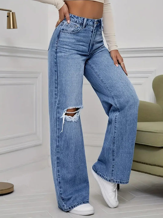 Damen Weite Jeans mit schicken Rissdetails und hohem Bund R&B