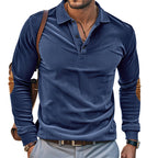 Herren lässiges Langarm-Henley-Shirt mit strukturiertem Rippenstoff und kontrastierenden Ellbogenpatches R&B