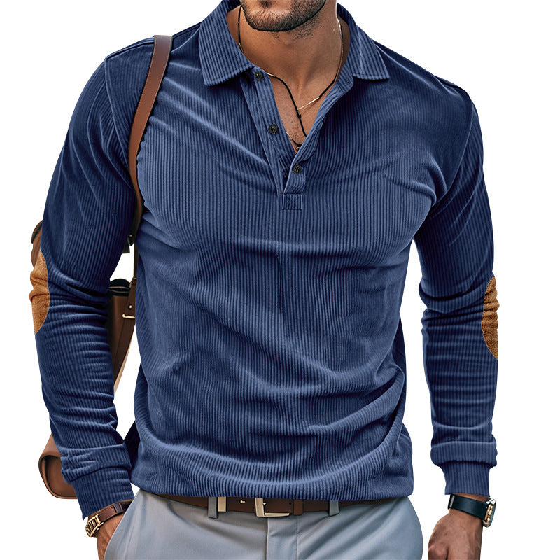 Herren lässiges Langarm-Henley-Shirt mit strukturiertem Rippenstoff und kontrastierenden Ellbogenpatches R&B