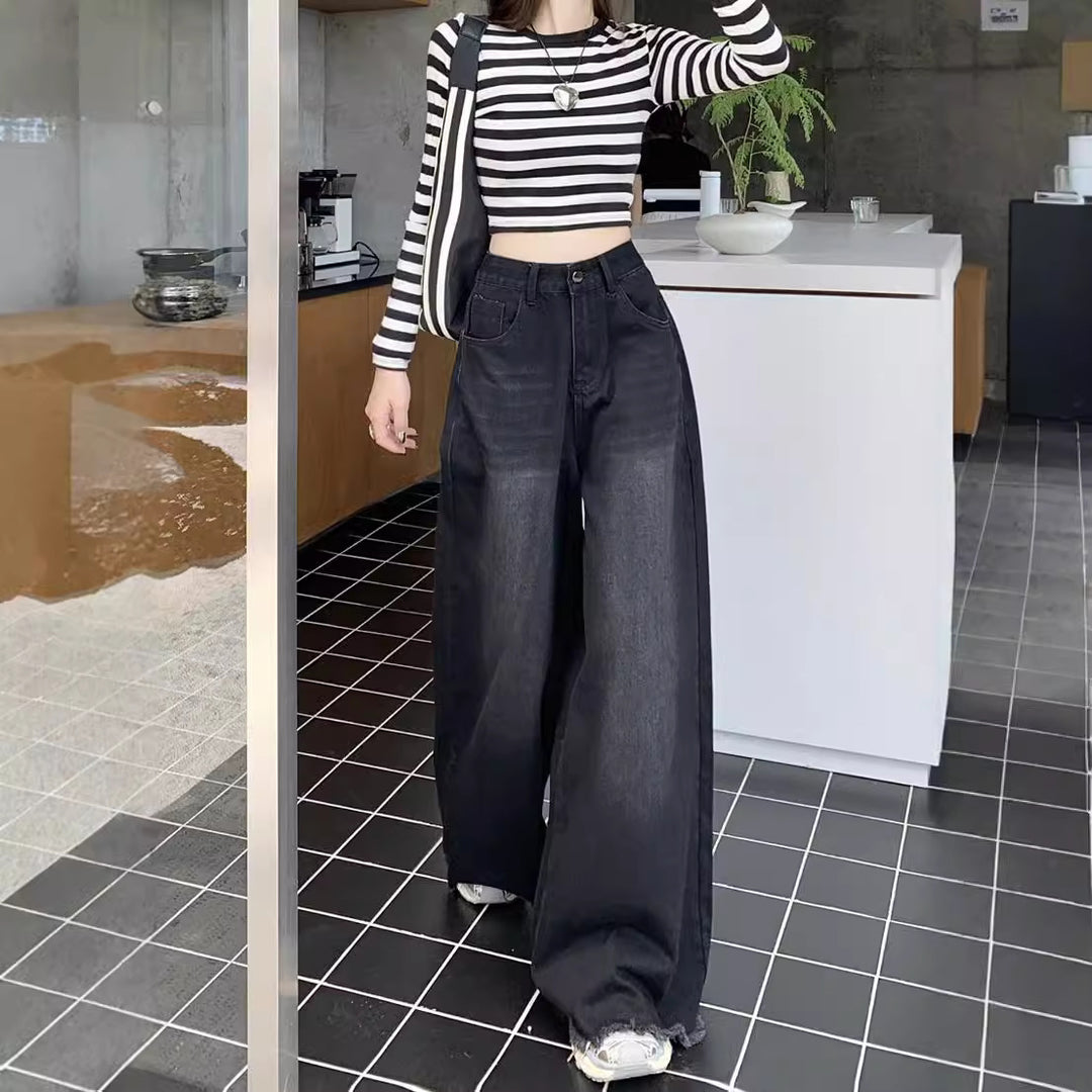 Damen Weite High-Waist Denim-Hose mit modischem Schnitt und auffälligem Gürtel R&B