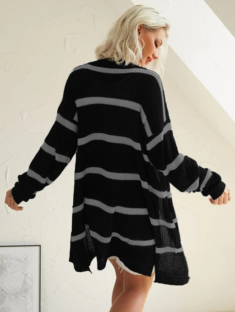 Damen Langer Strickcardigan mit Streifenmuster und offenem Design R&B