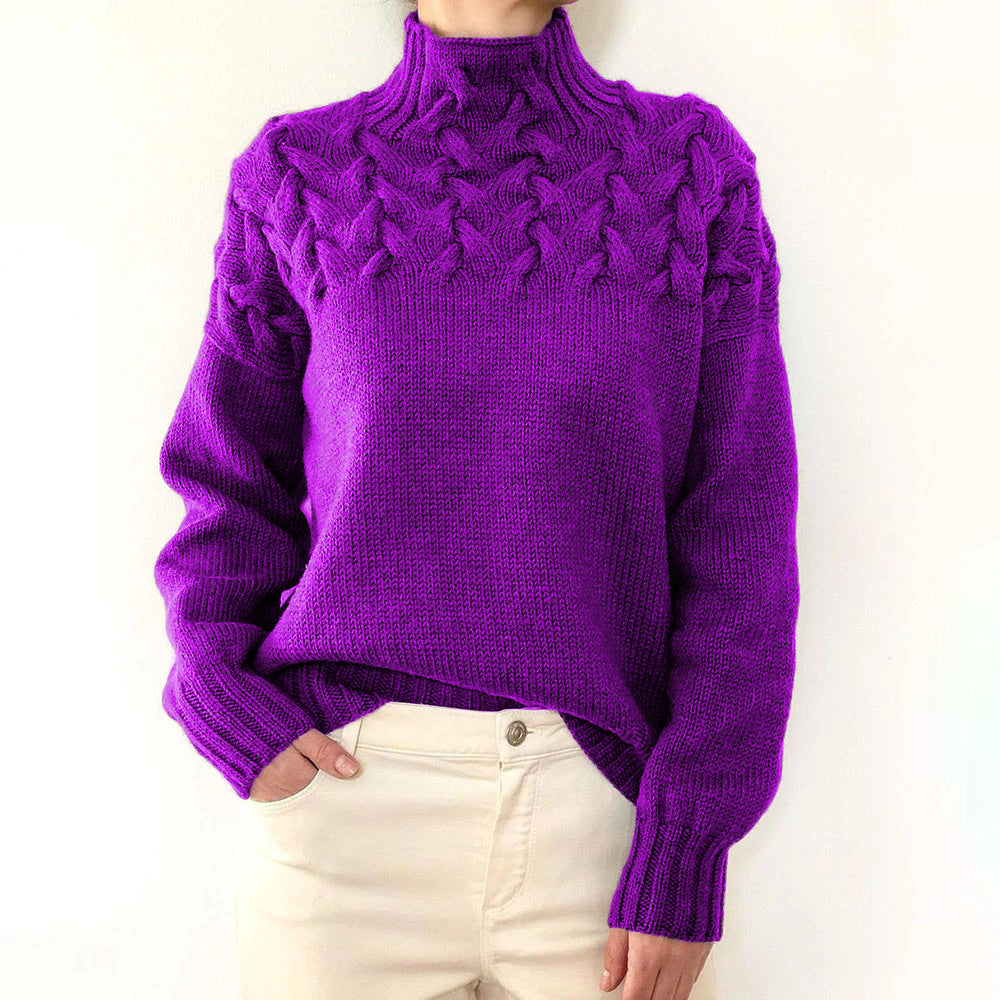 Damen Strickpullover mit hochgeschlossenem Kragen und trendigem Zopfmuster R&B