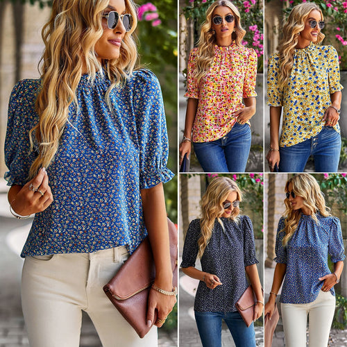 Damen Bluse mit Verspieltem Blumendesign und Puffärmeln R&B