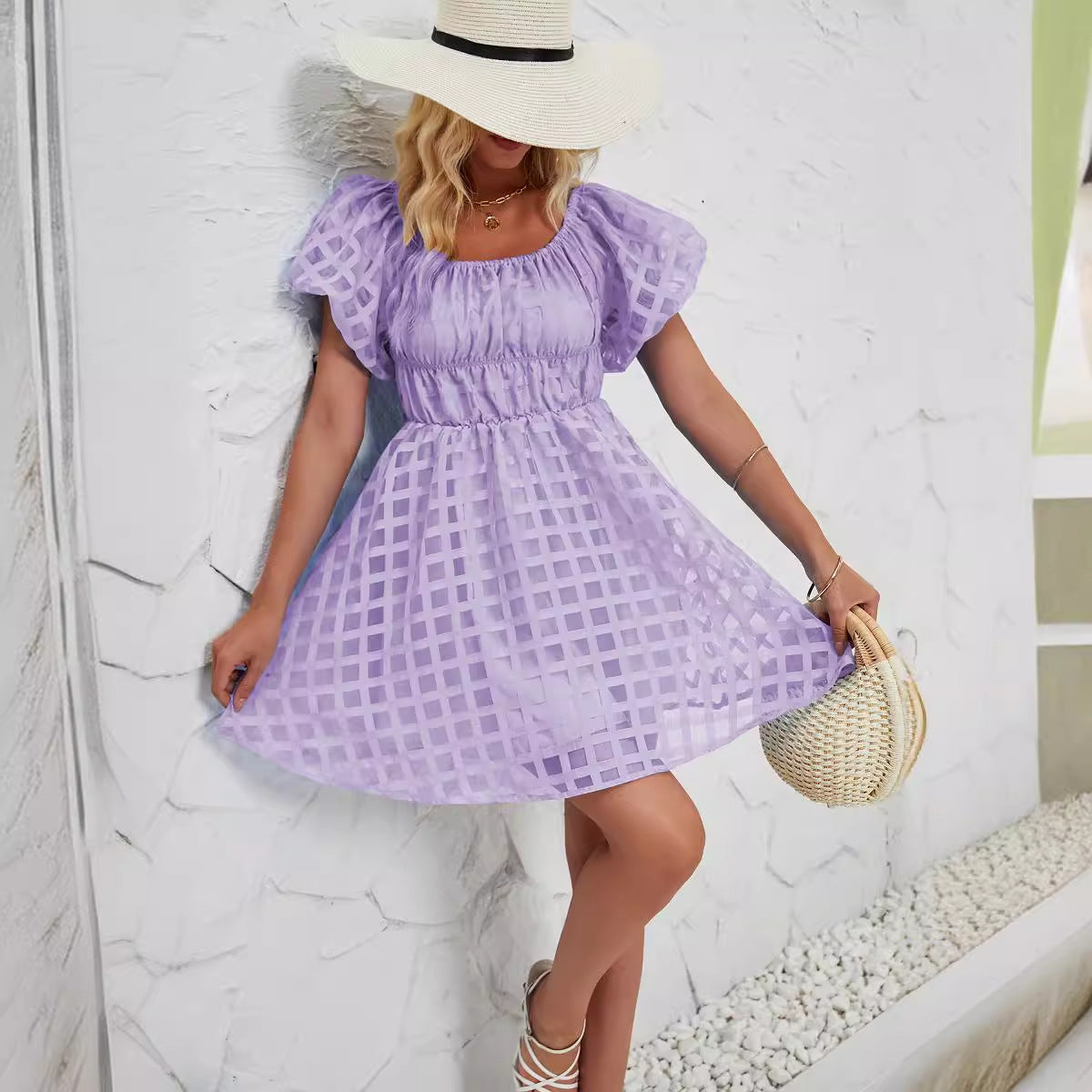 Damen Sommerkleid mit luftigen Puffärmeln und verspieltem Karo-Muster R&B