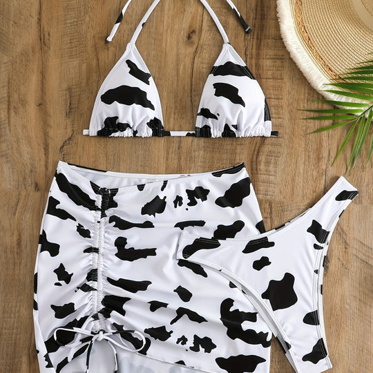 Damen Triangel-Bikini mit verstellbarem Rock und einzigartigem Kuhmuster R&B