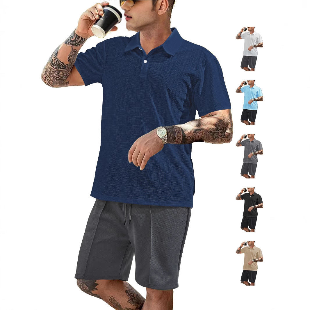Herren nan zweiteiliges Sommer-Reise-Set mit texturiertem Kurzarm-Poloshirt und funktionalen Mesh-Shorts R&B