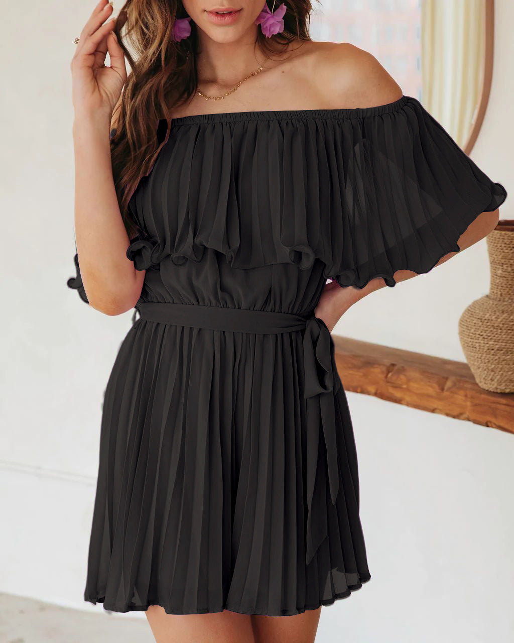 Damen Plissiertes Minikleid mit schulterfreien Puffärmeln und Taillengürtel R&B