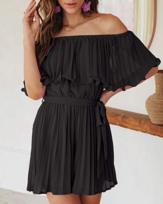 Damen Plissiertes Minikleid mit schulterfreien Puffärmeln und Taillengürtel R&B