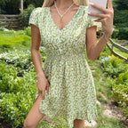 Damen Kurzarm Kleid mit floralen Mustern und elastischem Taillenband R&B