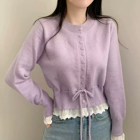 Damen kuscheliger Strickjacke mit fransigen Details und Bändchen R&B