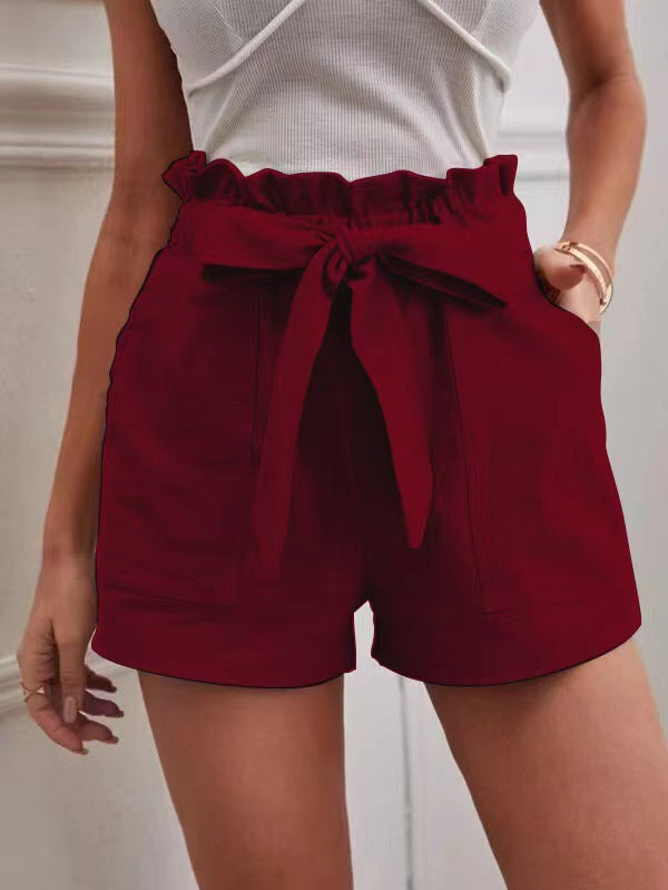 Damen elegante Leinen-Shorts mit Bindegürtel und breitem Bund R&B