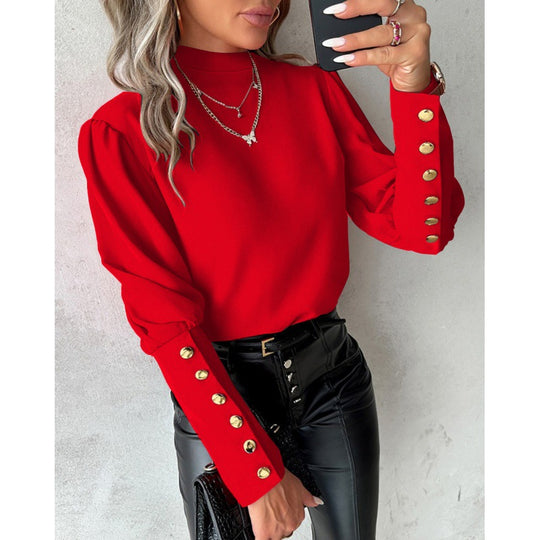Damen elegante Bluse mit Puffärmeln und goldenen Knopfdetails R&B